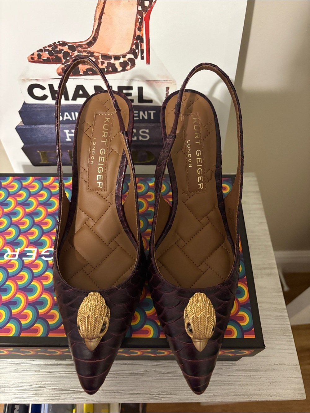 Kurt Geiger Burgundy BELGRAVIA Quilted Slingback Heels with Gold Emblem US7.5 - Picture 1 of 6